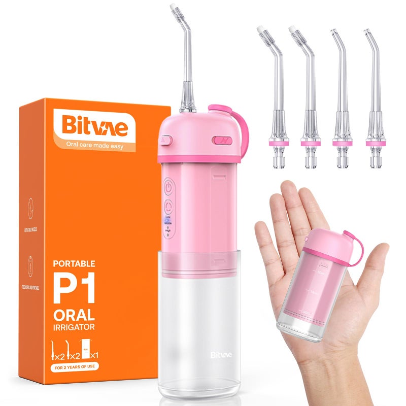 Bitvae P1 Water Flosser for Teeth Portable Mini Water Flosser Cordless Water Teeth Cleaner Picks with Telescopic Water Tank TypeC Rechargeable Oral Irrigator for Travel Home Pink